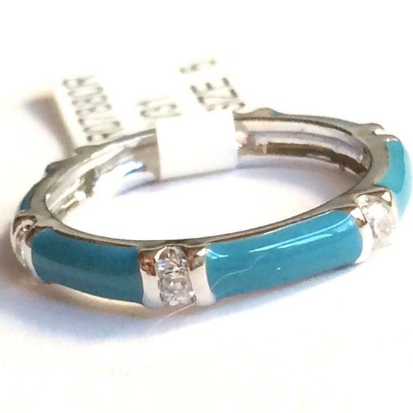Aqua Enamel Eternity Ring Band Size 5 Cubic Zirconia Silver Rhodium Plated - Picture 4 of 9
